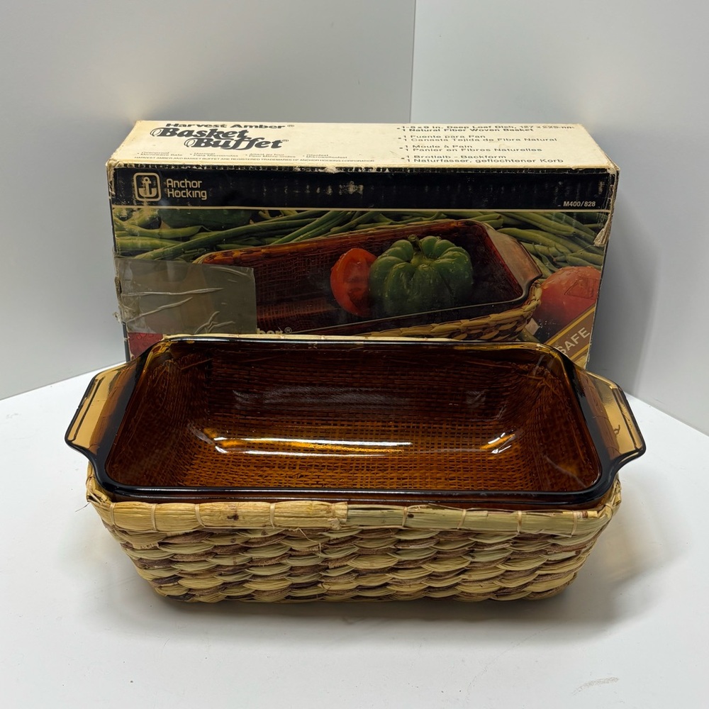 Vintage Fire-King Anchor Hocking 1 quart amber glass loaf pan with basket